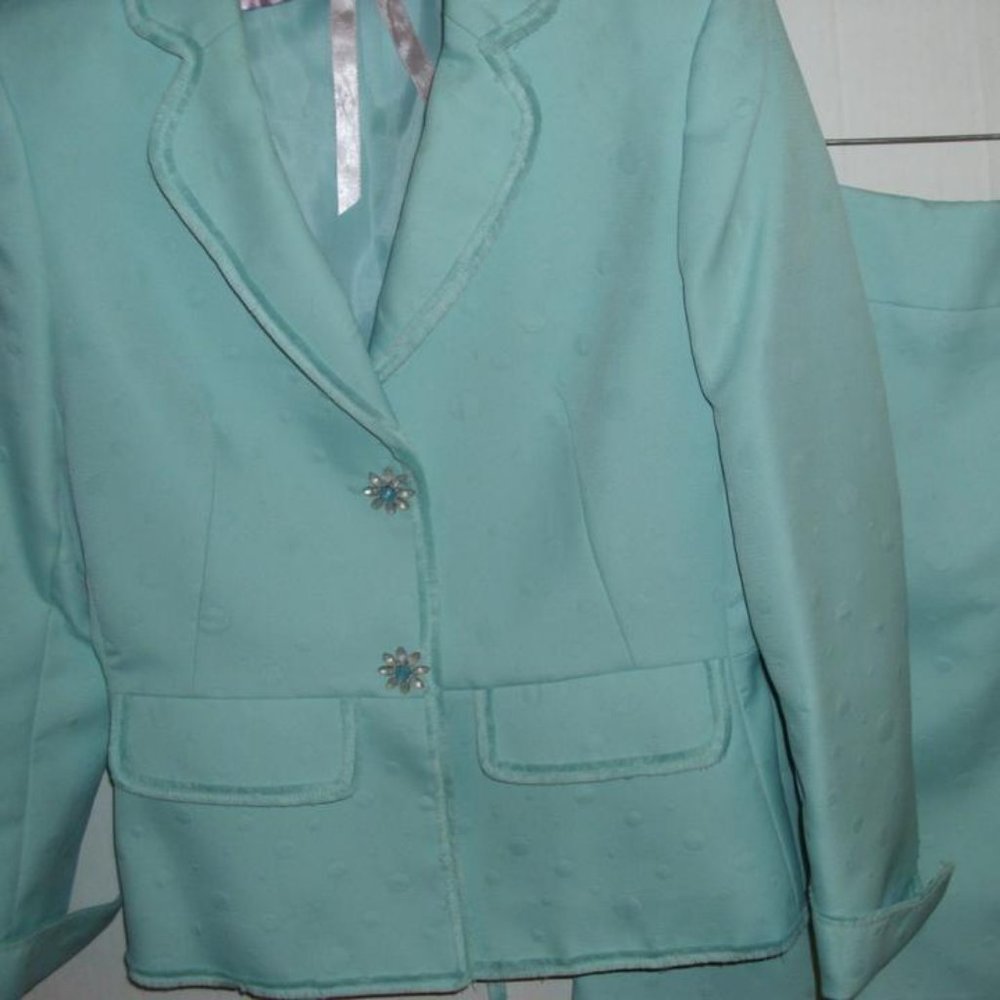 Nipon Boutique Aqua Green Puff Polka Dot Puffer Rhinestone Flower Button Skirt 2 - Picture 4 of 8